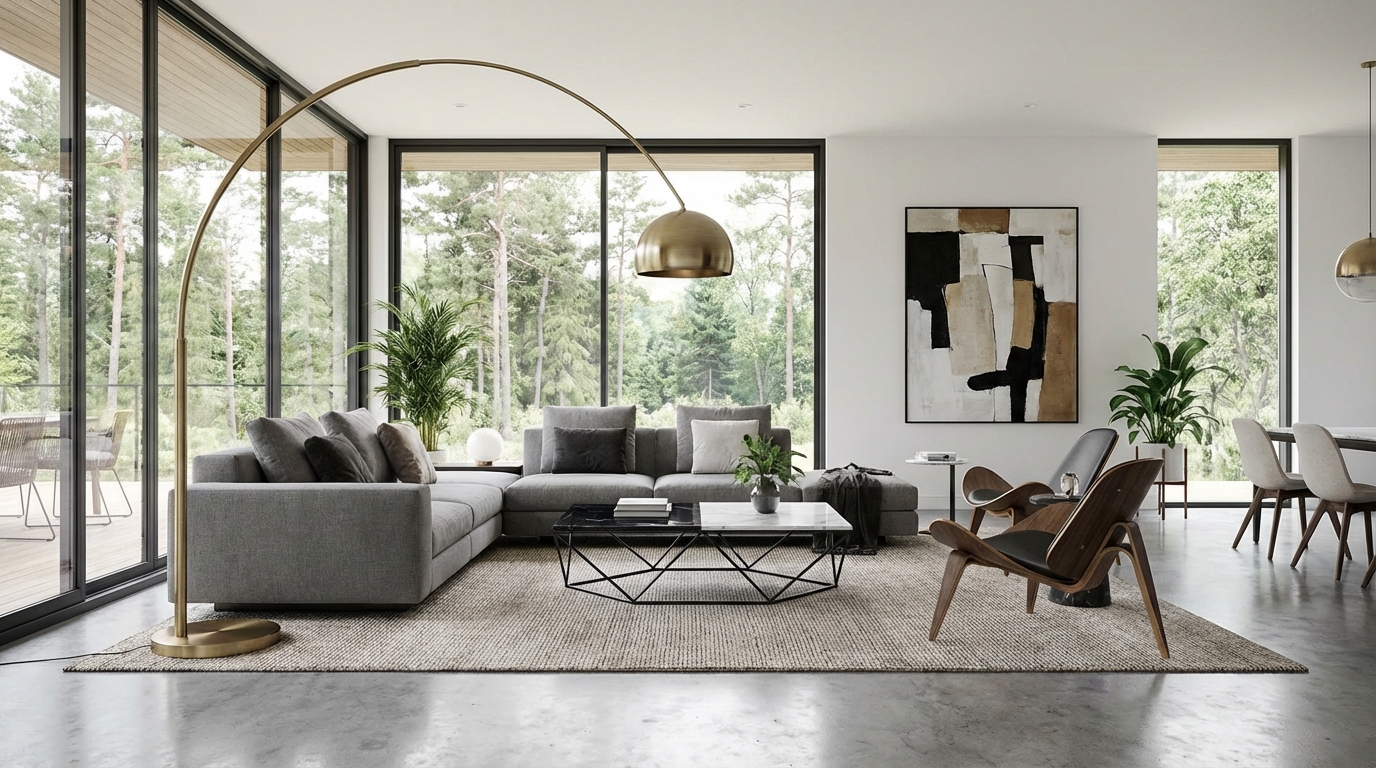 Light-filled living room with an arc lamp, grey sofa and sculptural timber chairs